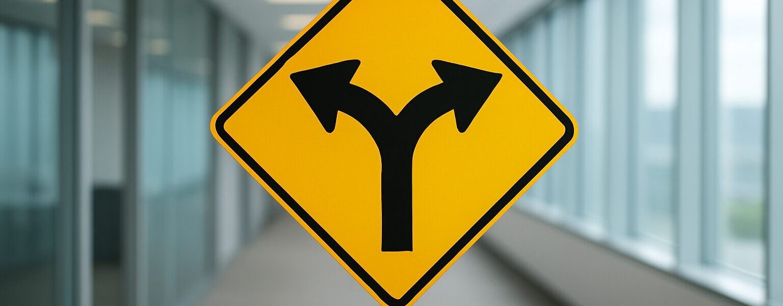 A directional road sign indicating multiple choices with an office background