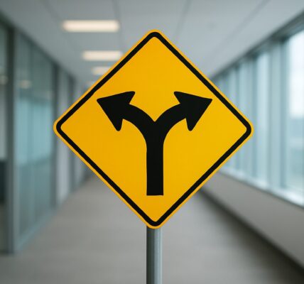 A directional road sign indicating multiple choices with an office background