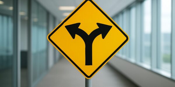 A directional road sign indicating multiple choices with an office background
