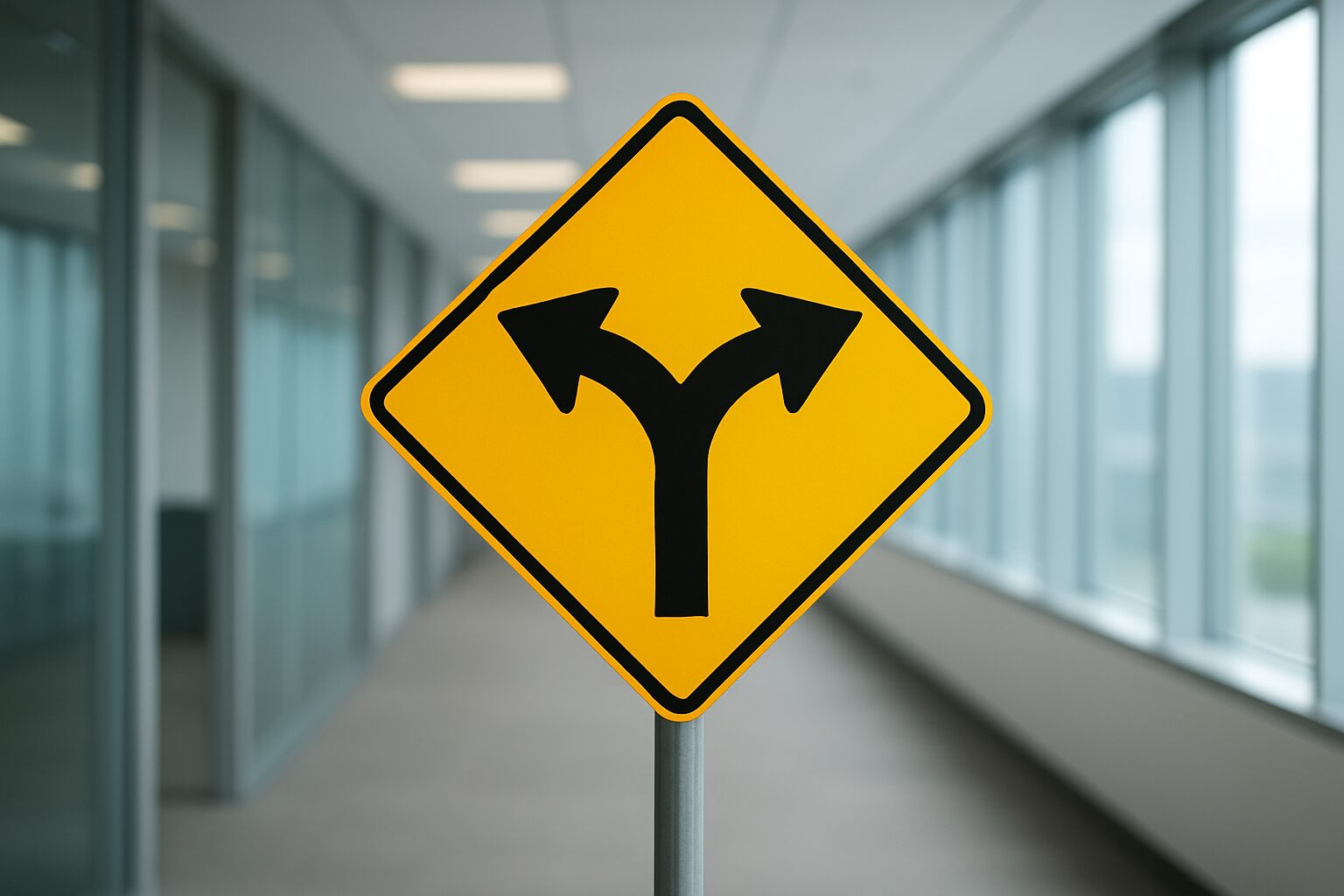 A directional road sign indicating multiple choices with an office background
