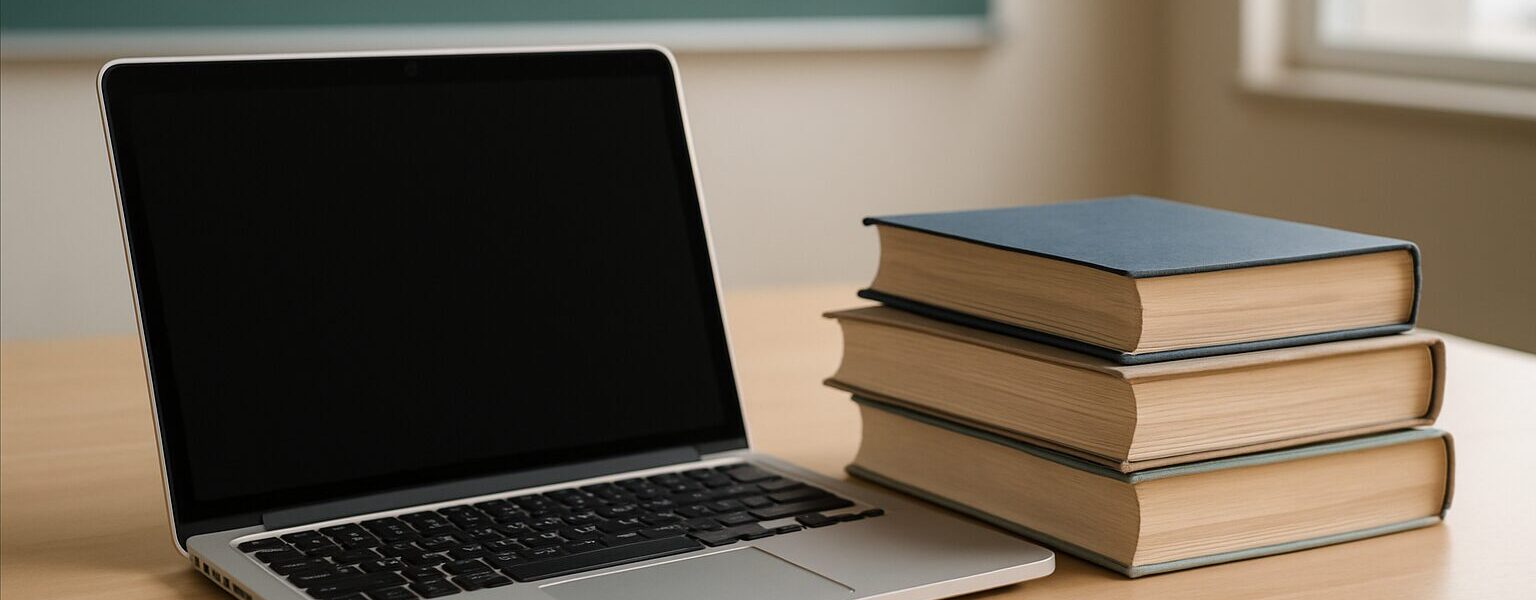 A laptop next to stacked books on a wooden desk against a classroom backdrop