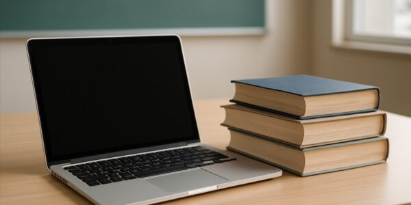 A laptop next to stacked books on a wooden desk against a classroom backdrop