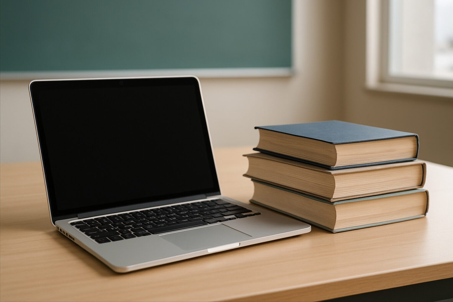 A laptop next to stacked books on a wooden desk against a classroom backdrop