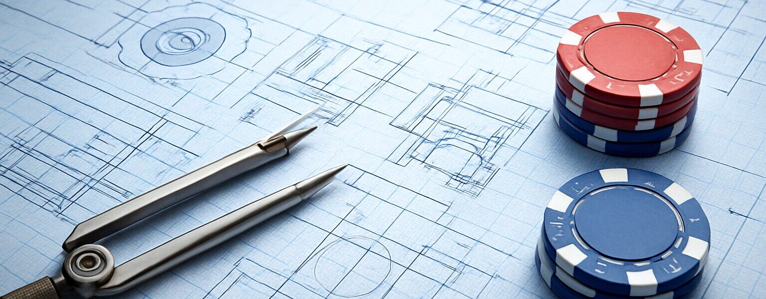 Drafting tools and casino chips on a blueprint
