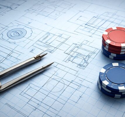 Drafting tools and casino chips on a blueprint