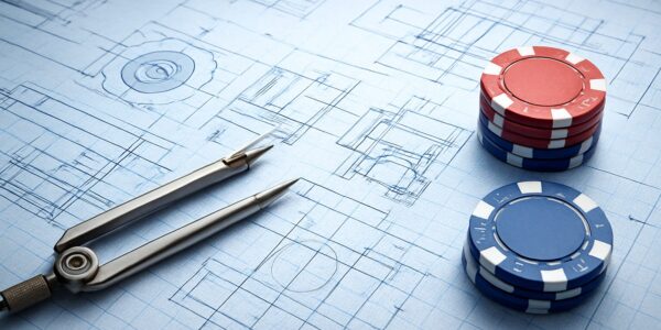 Drafting tools and casino chips on a blueprint