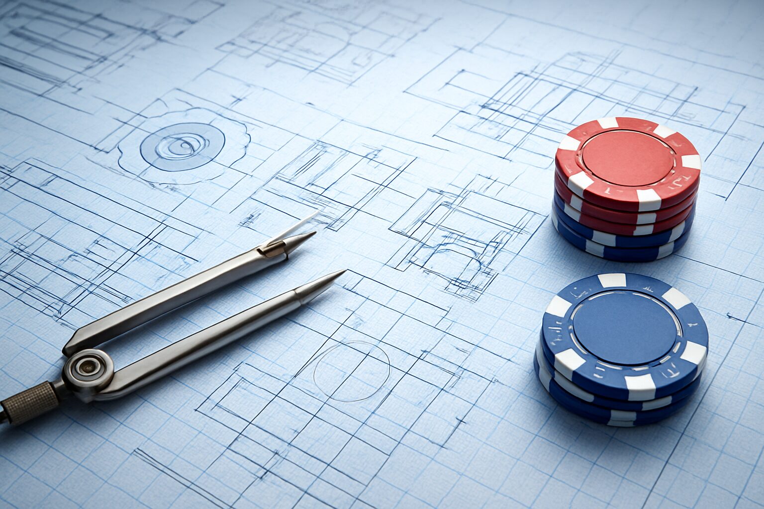 Drafting tools and casino chips on a blueprint