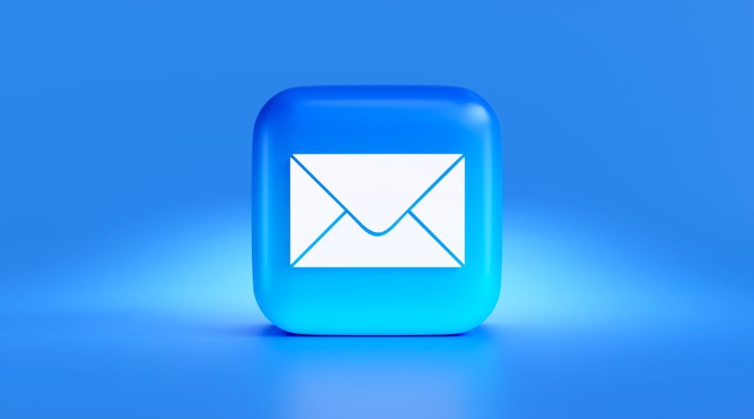 A stylized blue email icon on a blue background