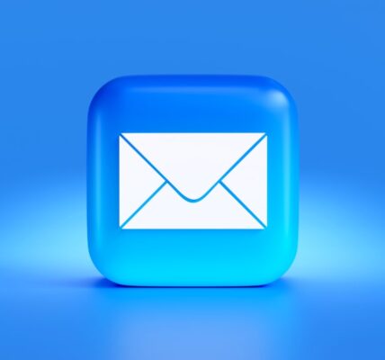 A stylized blue email icon on a blue background