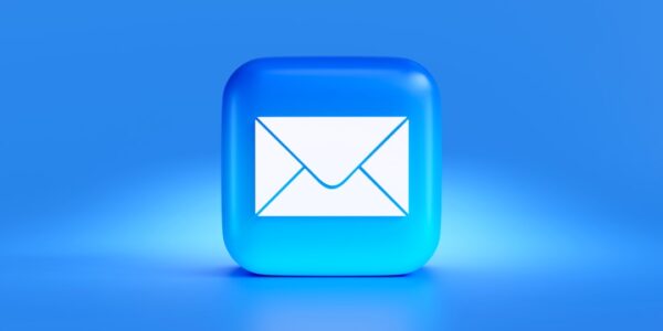 A stylized blue email icon on a blue background